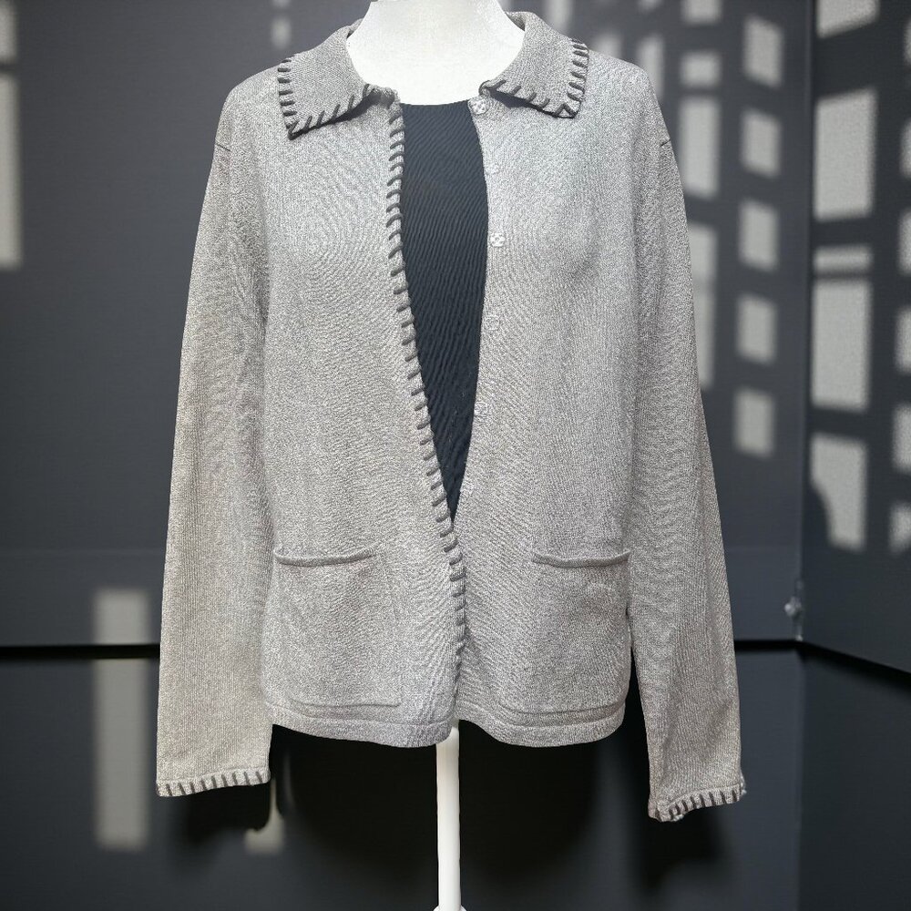Vintage Emma James Open Front Cardigan Sweater Whipstitch Trim Hong Kong (Sz M)